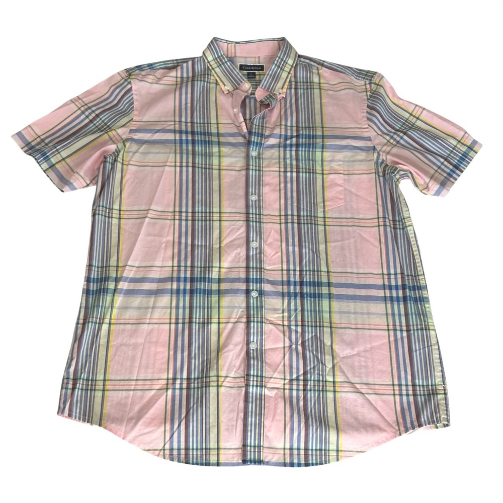 Club Room Mens Large Pink Plaid Short Sleeve Button Down Shirt Cotton Stretch